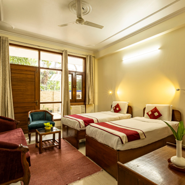 Shared Balcony Twin Bed Room of Theap - Best Guest House in Noida Sector 55